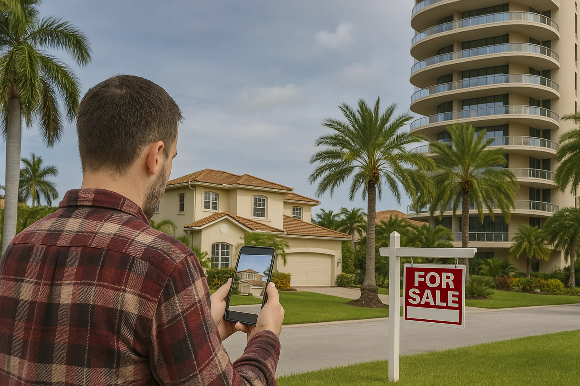Man photographing a luxury Florida home with a “For Sale” sign in front of the home.